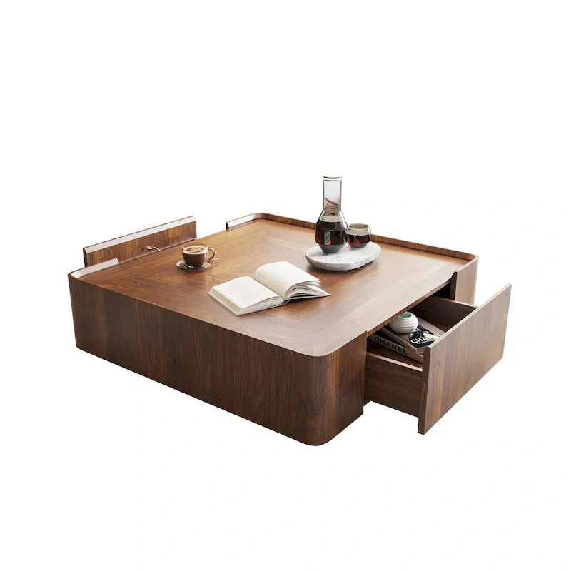 Mid-Century Modern Square Wood Coffee Table with Drawers