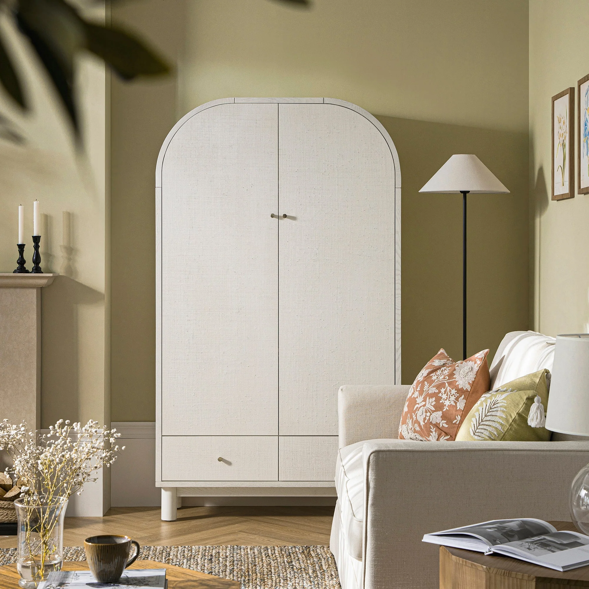 Large Storage Cabinet, Washed White Ash with Raffia