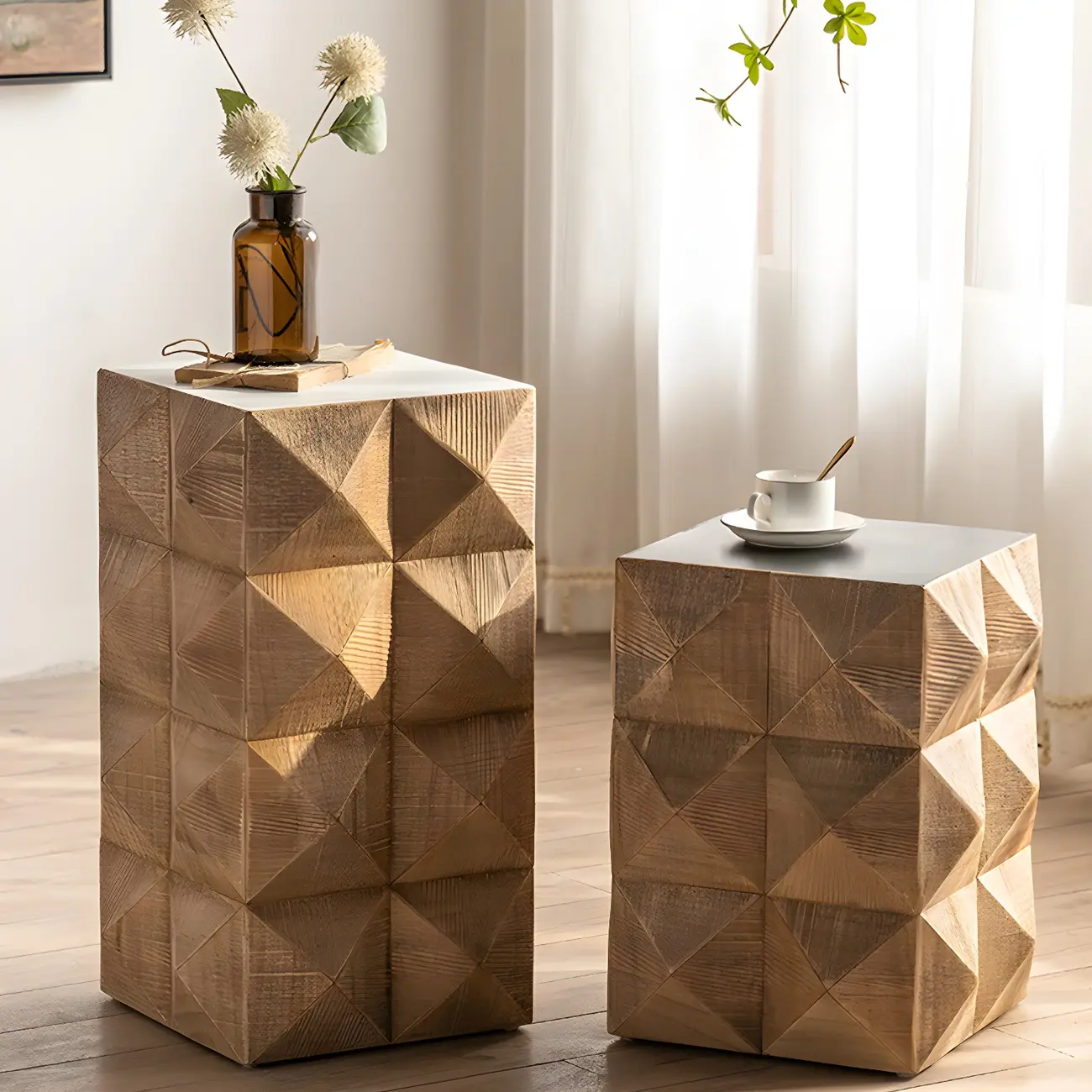 Elegant Geometric Wooden Block Accent Side Table