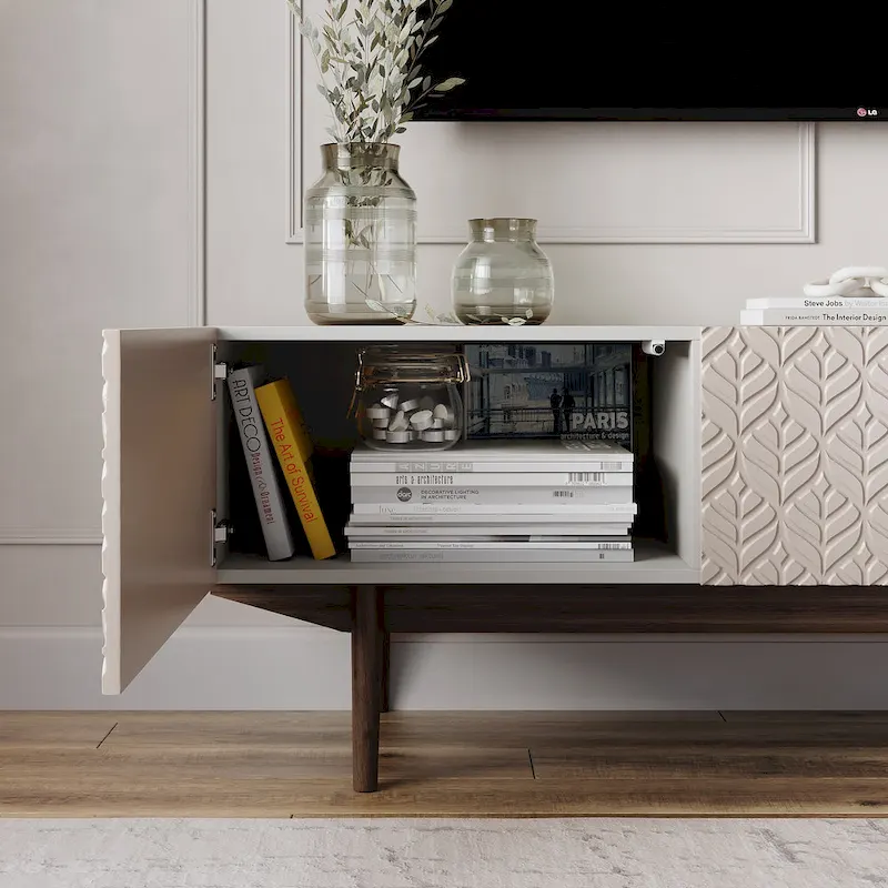 TV Stand Console Fits TV's up to 65 in. with Wood Legs in Mid Century Modern Scandinavian Design