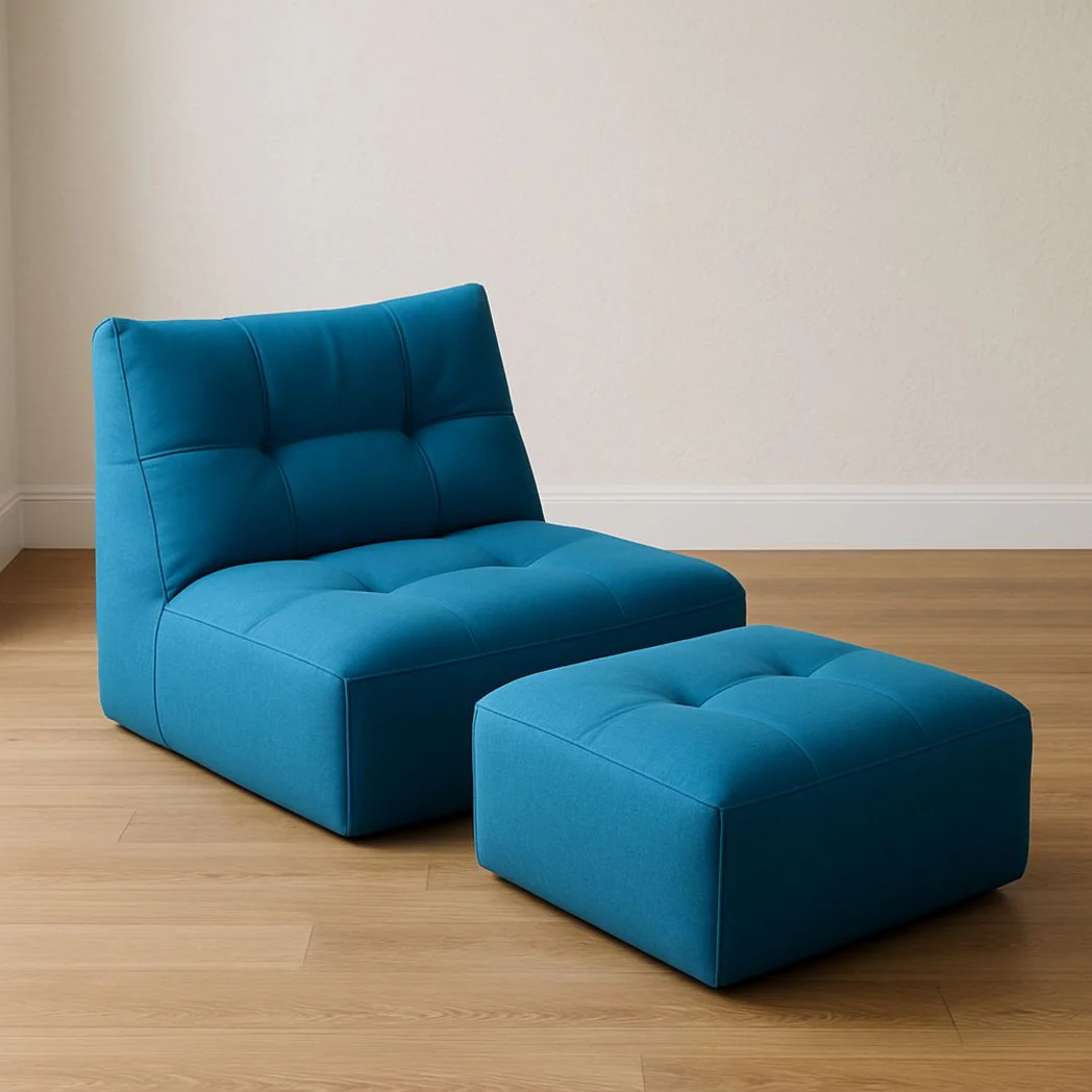 Ensemble de Fauteuil et Repose-Pieds en Forme Carrée en Polyester Bleu