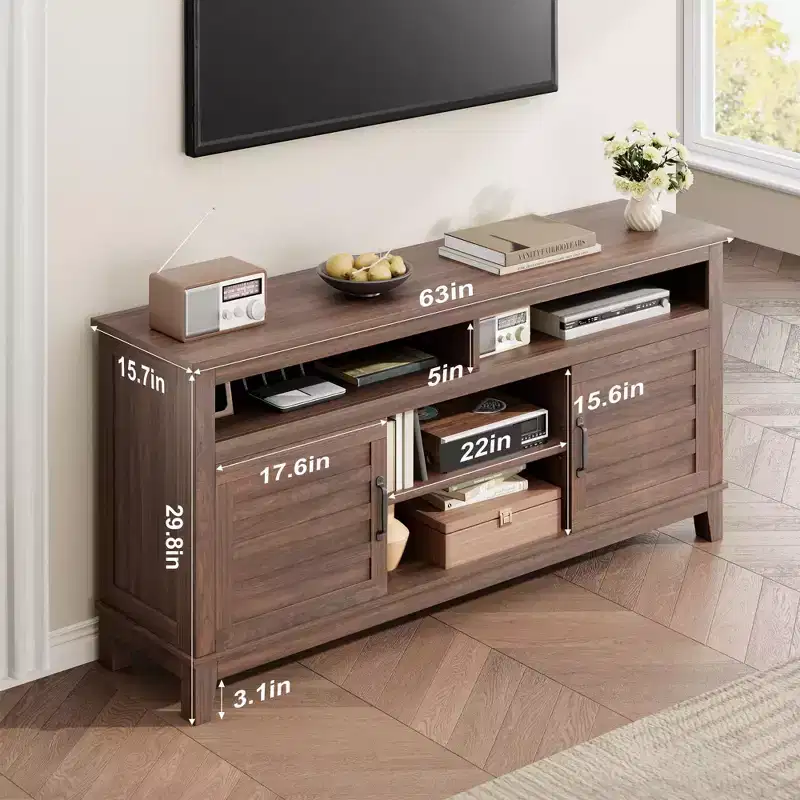 65 TV Stand Entertainment Center with Adjustable Shelves & 8 Storage Compartments, Semi-Open Double Door Cabinet for Living Room, Bedroom