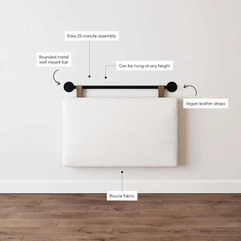Boucle Fabric Wall-Mounted Upholstered Headboard with Adjustable Metal Rail – Twin, Queen or King