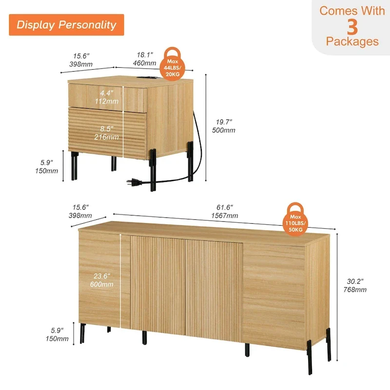 WAMPAT 3-Piece Modern Bedroom Furniture Set, Includes Sideboard Buffet Cabinet, Set of 2 Night Stands,