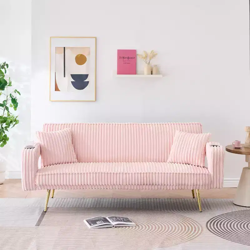 MAYEERTY Straight Corduroy Sofa Bed with Pillows Adjustable in The Three Levels for Use In Living Room Pink