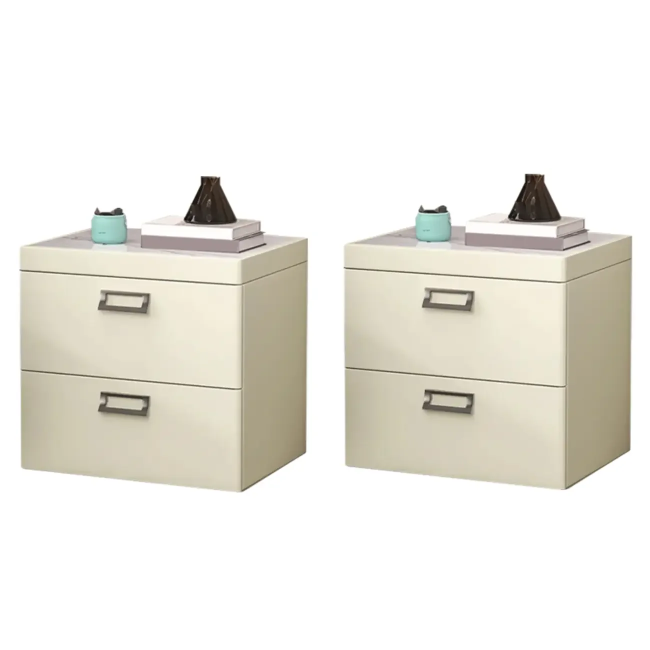 Modern Faux Leather 2 Drawers Nightstand with Stone Top