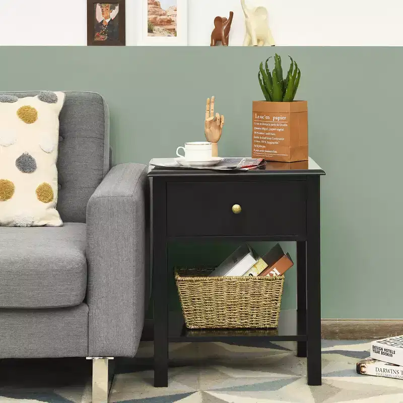 Costway 2PCS Nightstand Drawer Shelf Storage Display Black