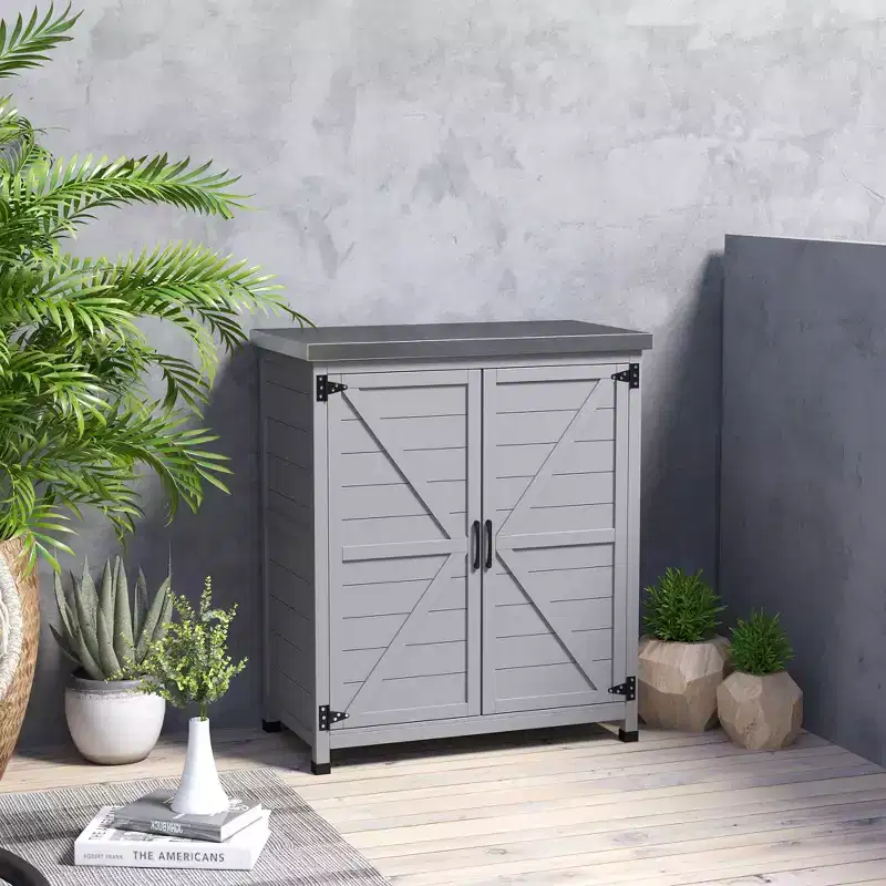 Outsunny Wooden Storage Cabinet, Outdoor Prep Station with Metal Tabletop and Shelf, Patio Storage Cabinet with Double Doors