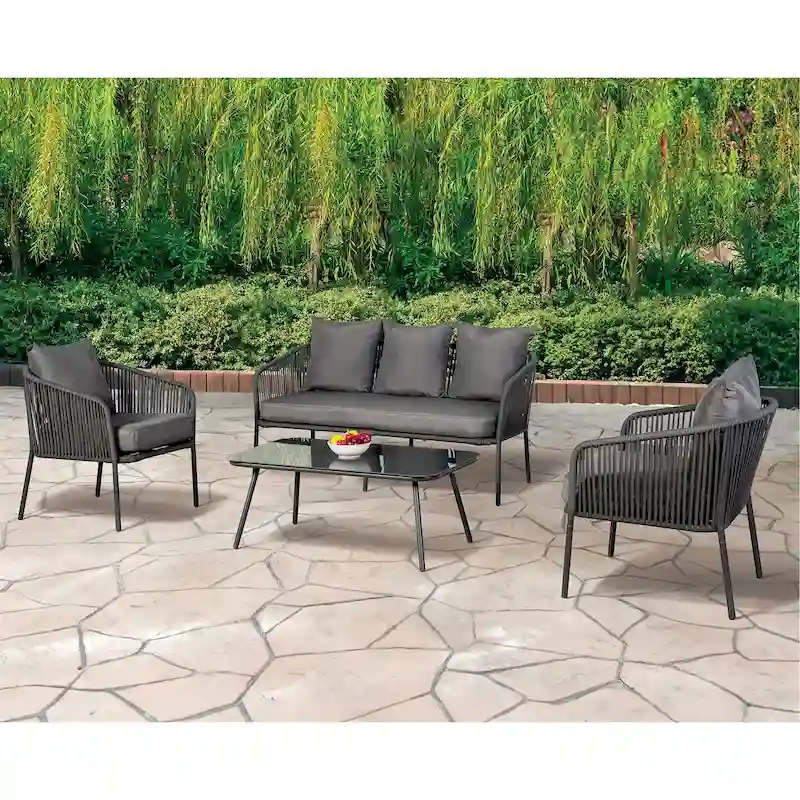 Furniture of America Brig 4-Piece Patio Metal Dark Grey Conversation Set with Coffee Table