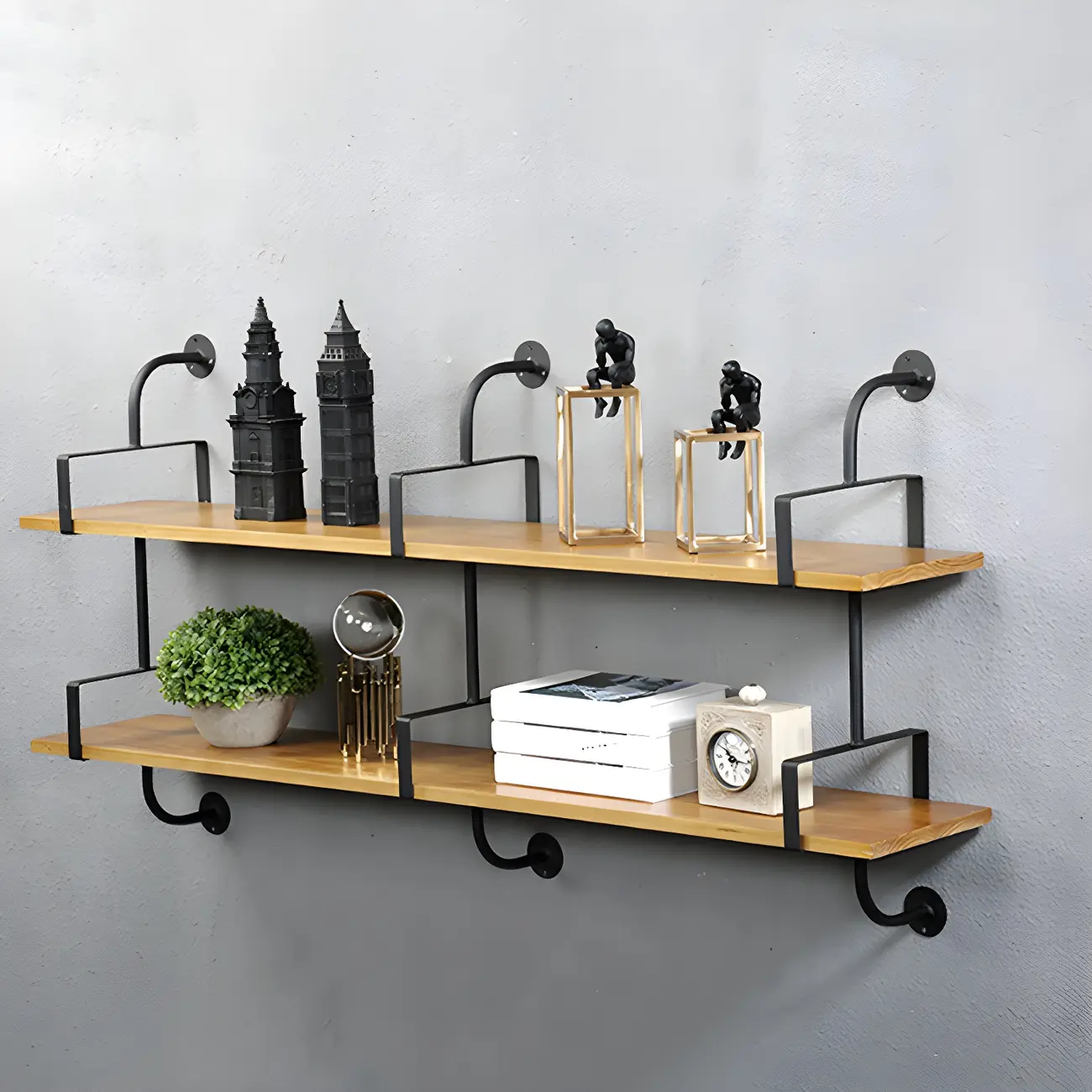 Simple 2-Tier Wood Metal Wall-Mounted Bookcase