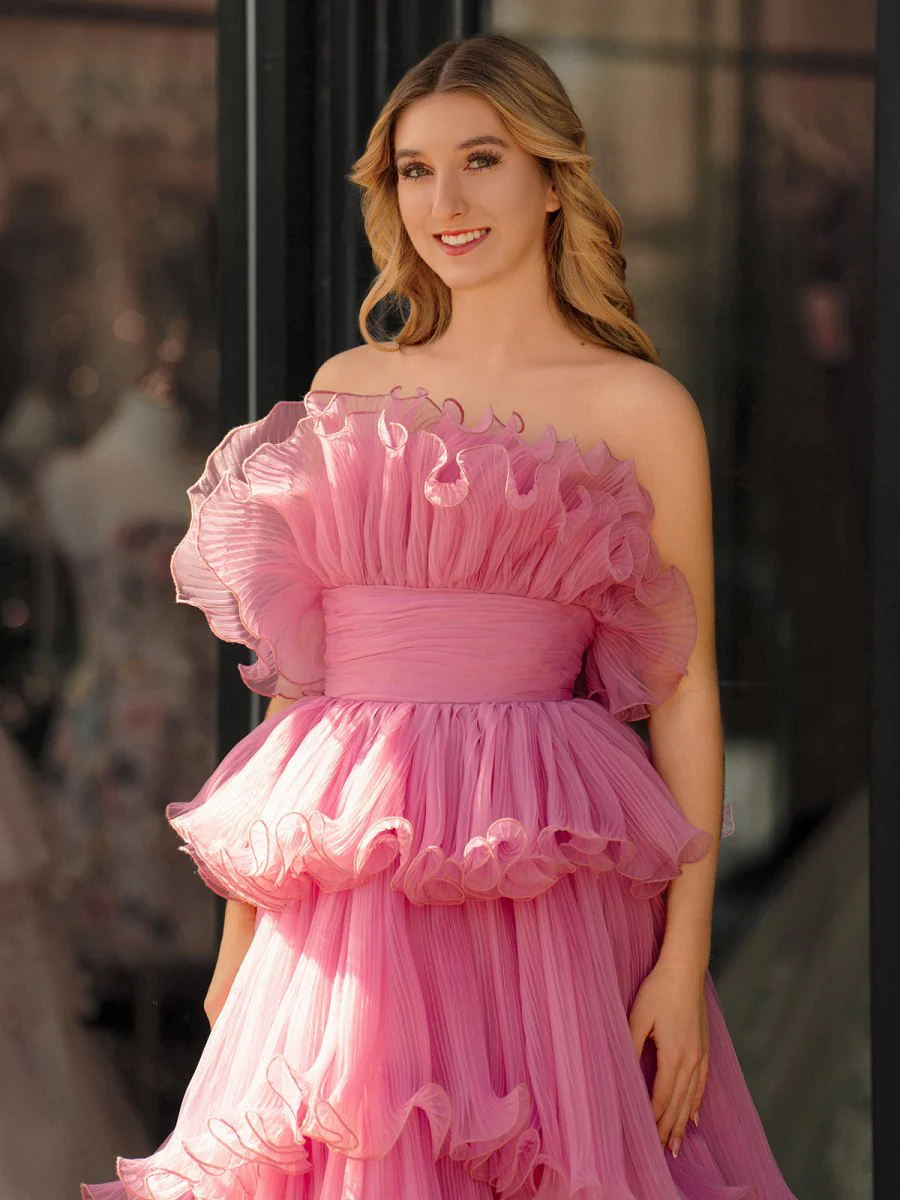 Pink Strapless A-Line Tiered Crinkled Tulle Prom Dress