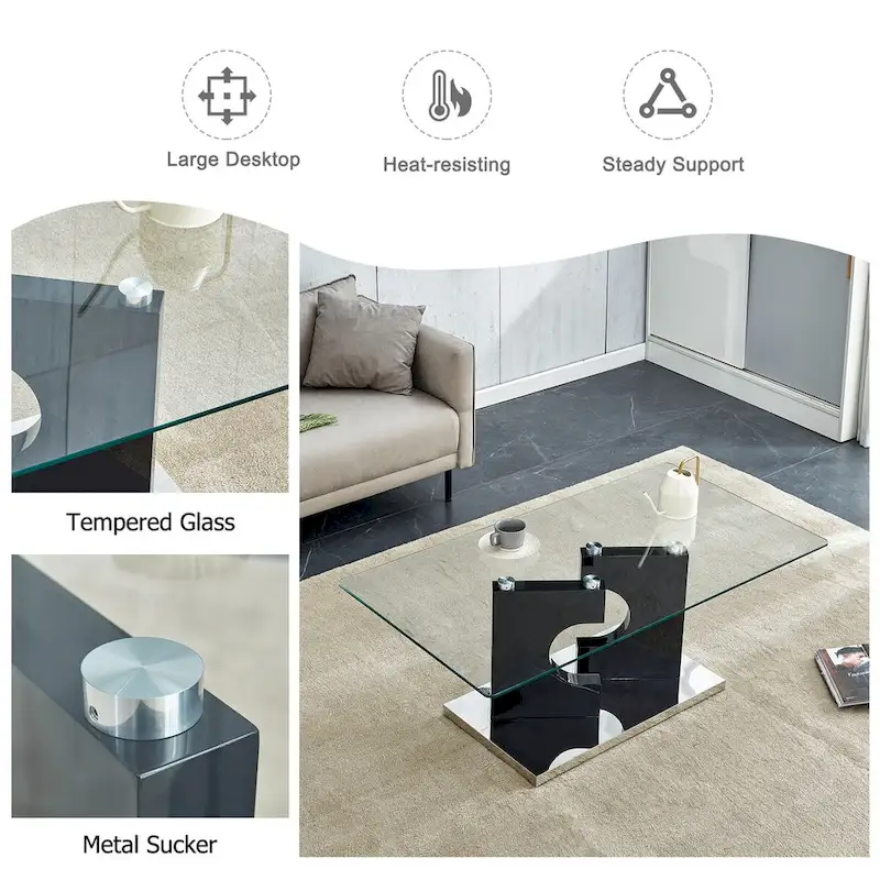 A rectangular modern and fashionable coffee table with tempered glass tabletop and white MDF legs