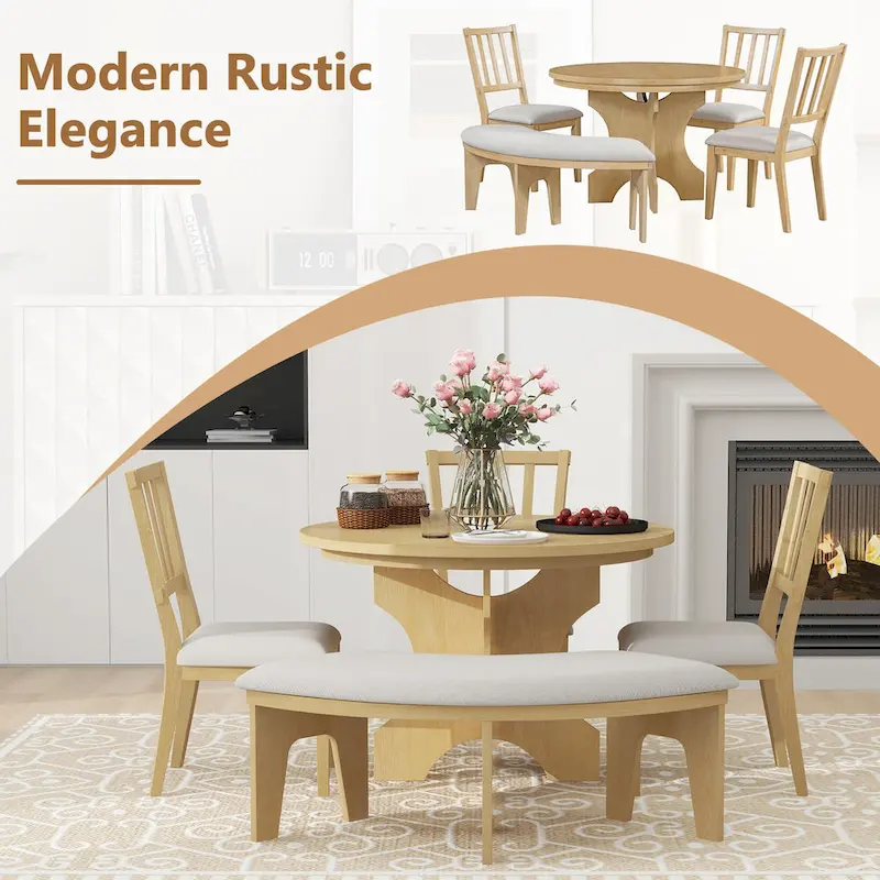 Modern Country Dining Table and Chair Sets Multi-Functional Dining Table and Chair Sets with Curved Table Base and Curved Bench