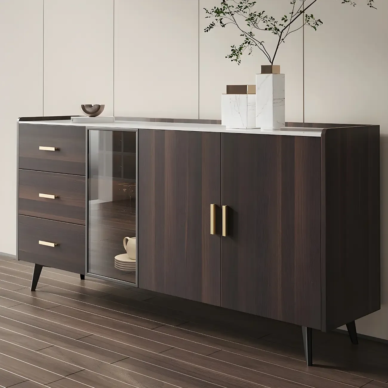 Glam Walnut Wooden Sideboard with Drawers & Cabinets