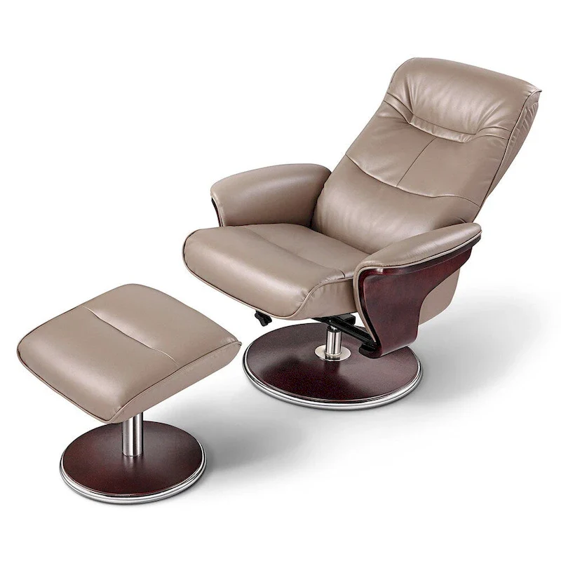 Modern Bend Wood Latte Leather Swivel Recliner with Ottoman