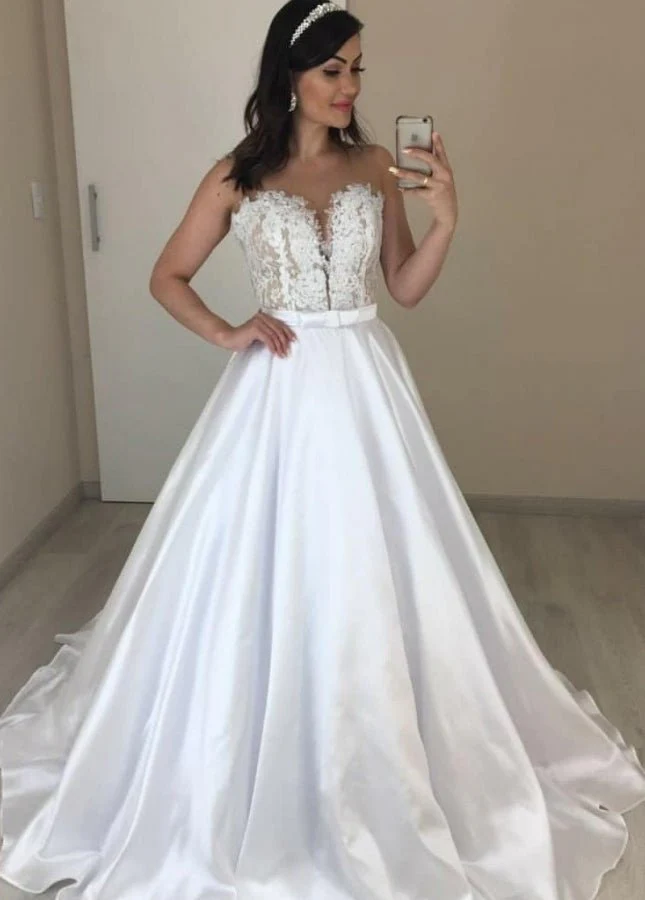 A-line Sleeveless Sweetheart Satin Bride Wedding Dresses with Appliques