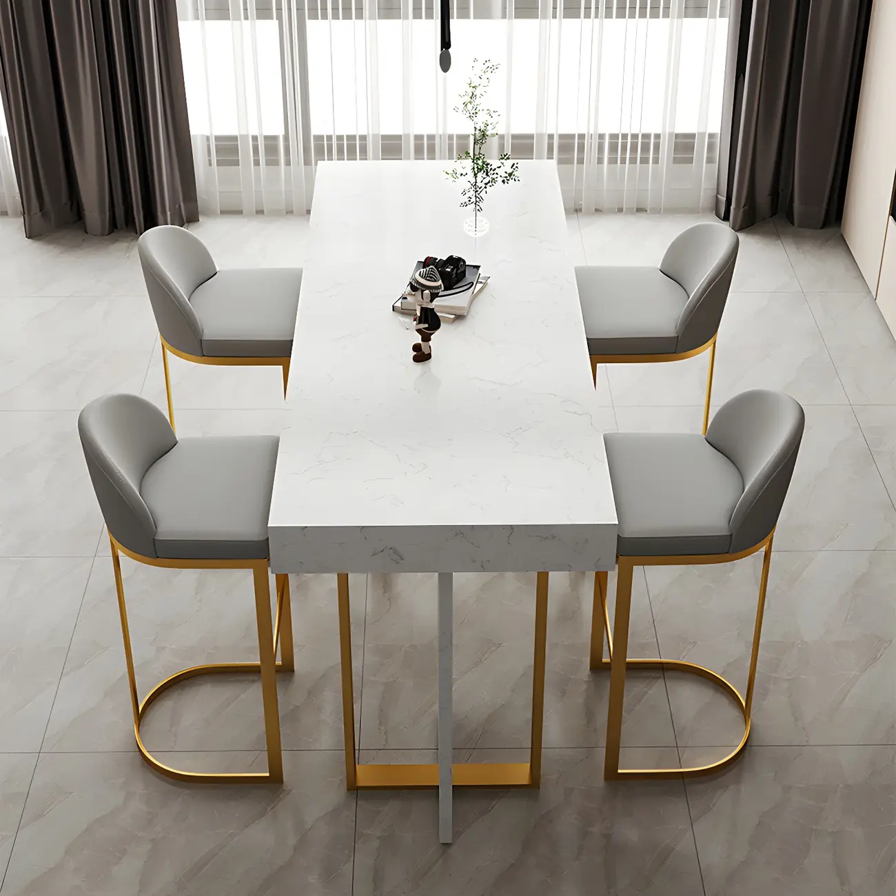 Rectangle White Marble Top Iron Base Dining Bar Table