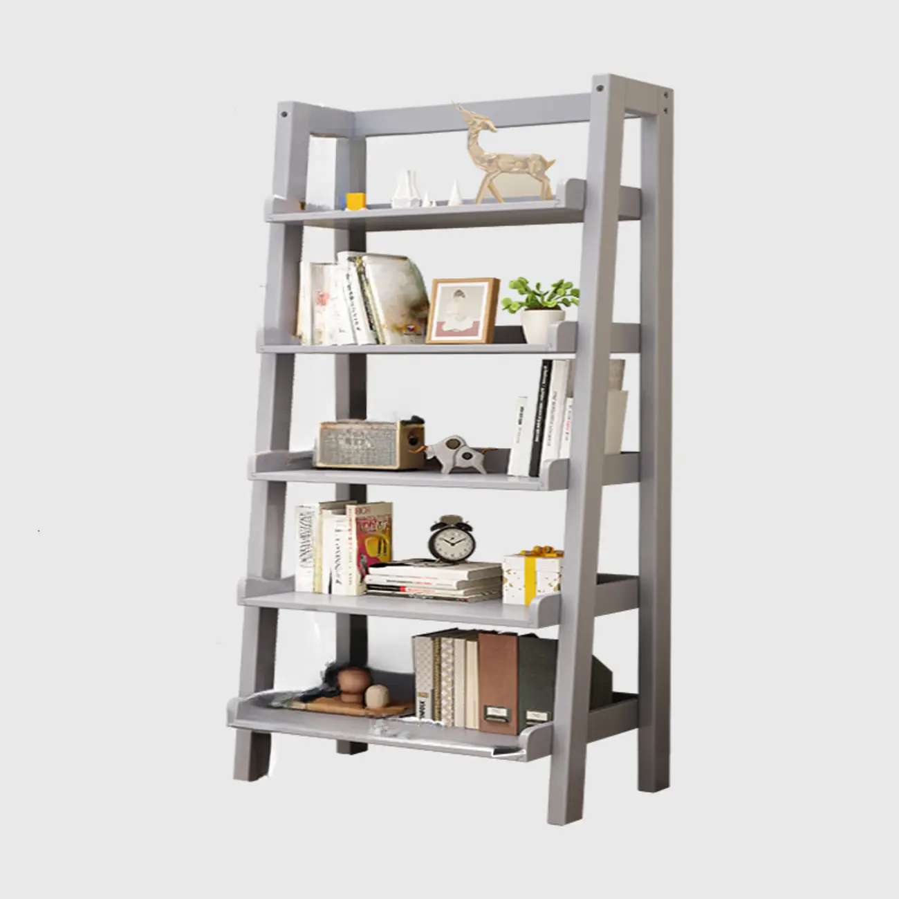 Scandinavian Rectangle Wood 5-Tier Ladder Bookcase