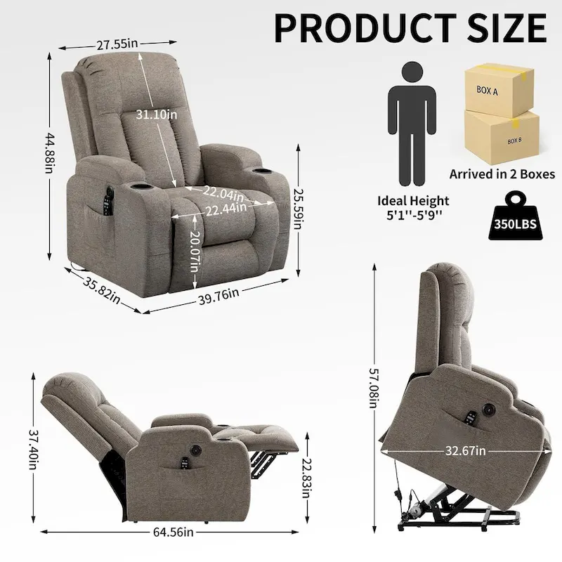 Power Lift Recliner with 8-Point Massage&Lumbar Heating, Cup Holders