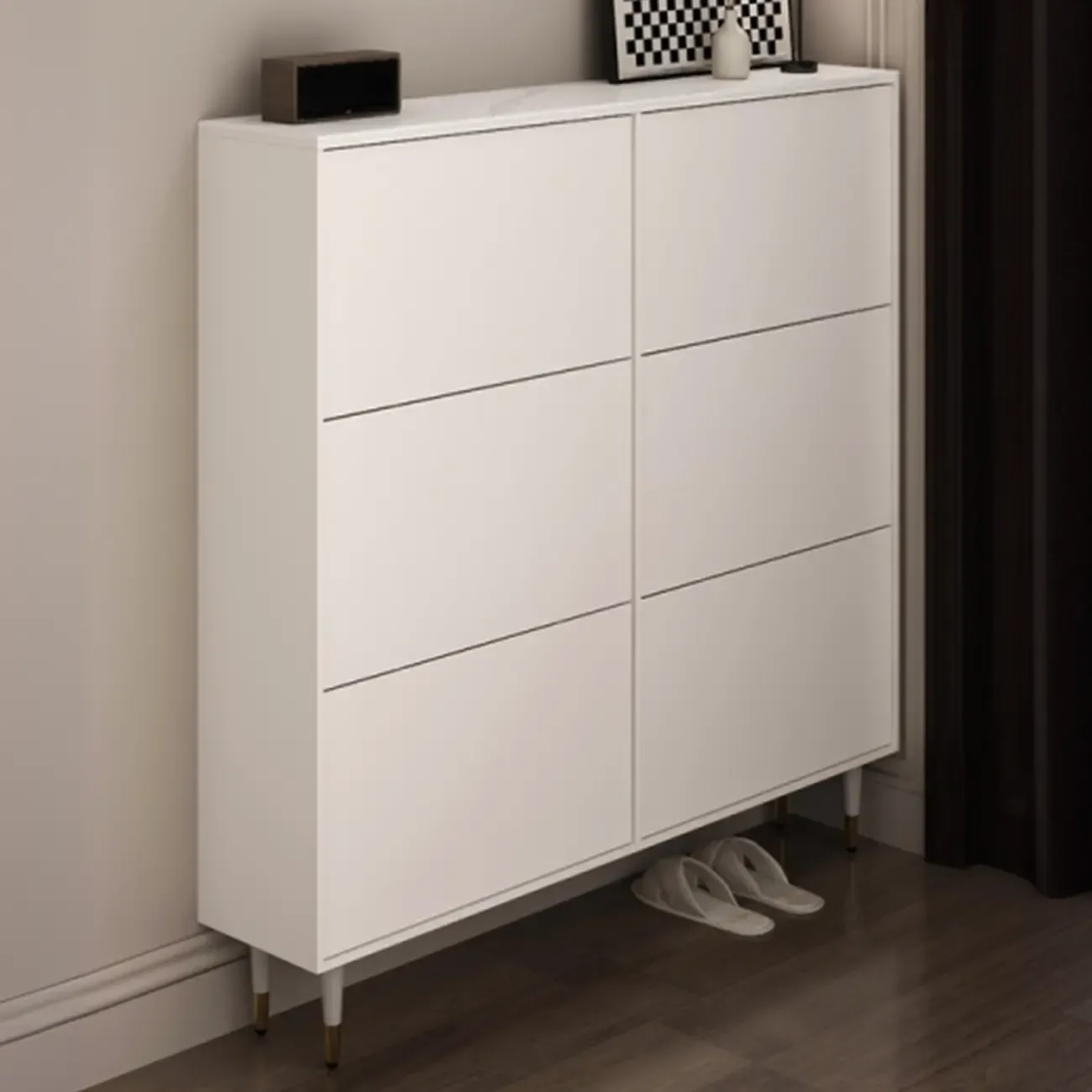 Modern White Wood Entryway Drop-Front Shoe Cabinet