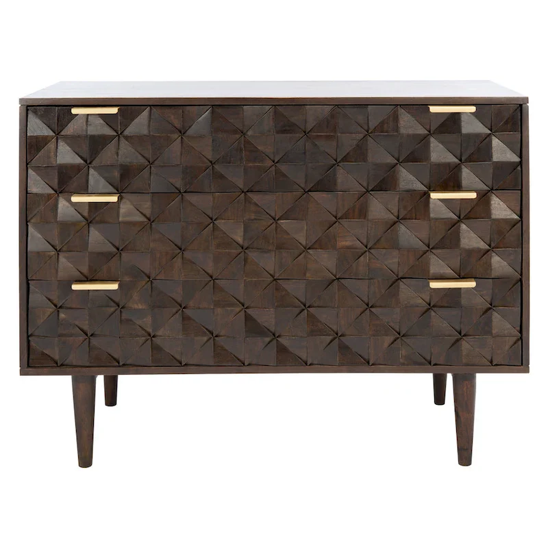 Walnut 3-Drawer Chest Dresser with Geometric Carved Detail – Contemporary Style, Bedroom Use