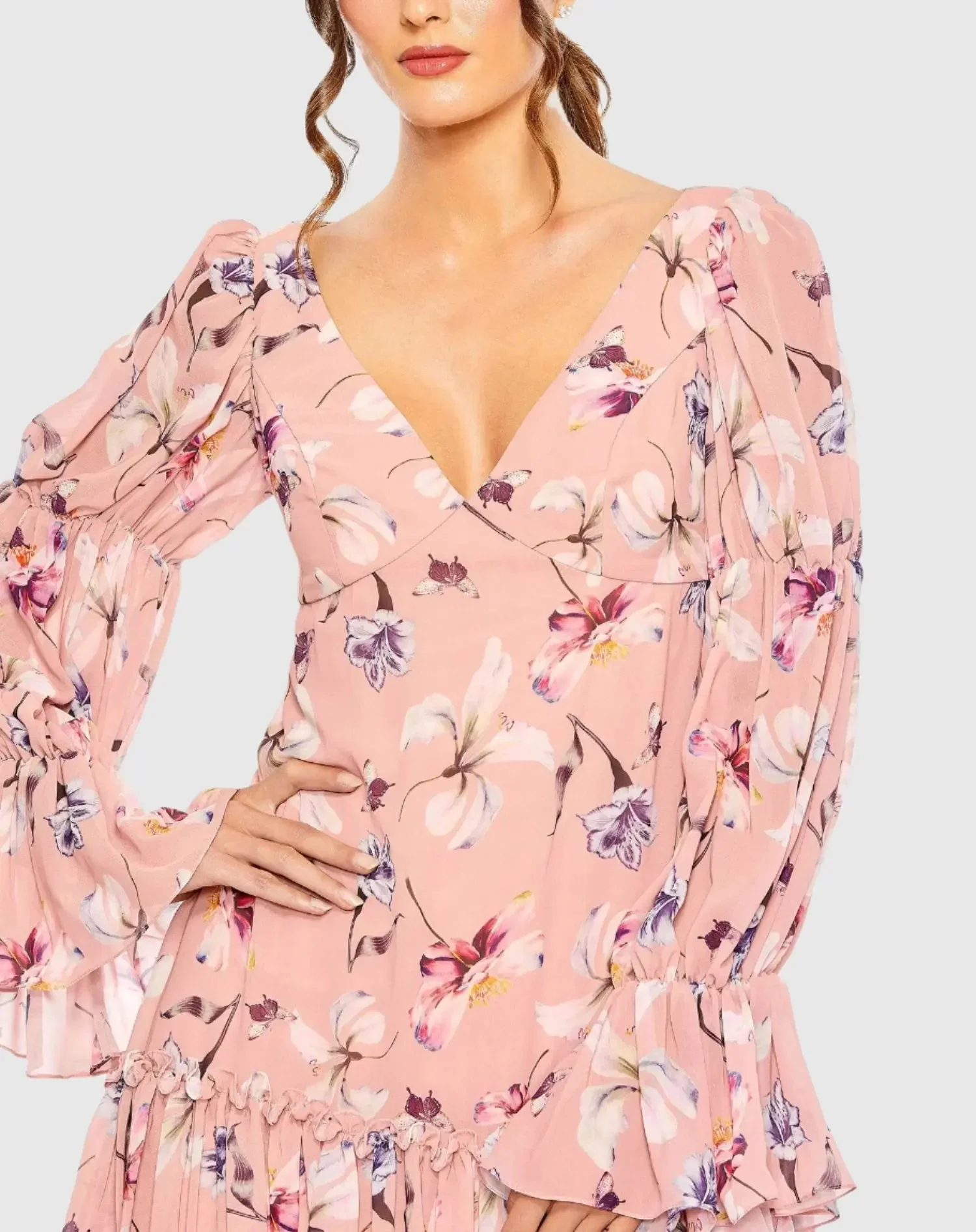 Pink Floral Print Long Flutter Sleeve Dress