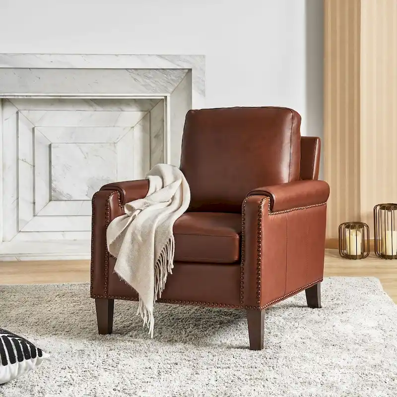 Kunz Transitional Genuine Leather Armchair with Removable Cushion and Nailhead Trims by HULALA HOME