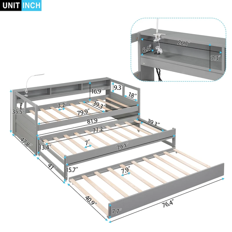 Twin XL Wood Daybed with 2 Trundles and USB Charging Design