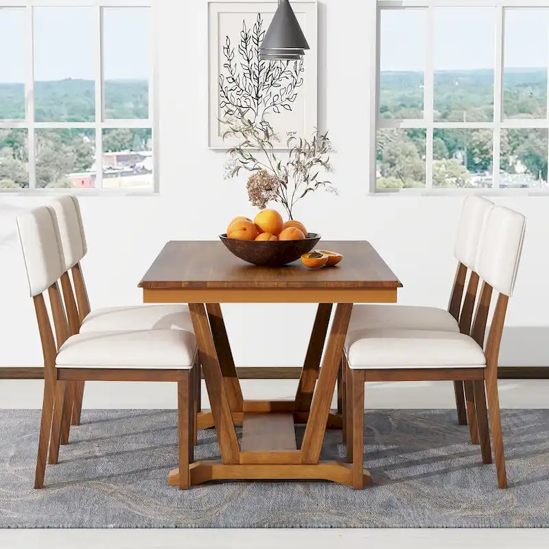 5-Piece Wooden Dining Table Set with 59 Rectangular Table & 4 Chairs