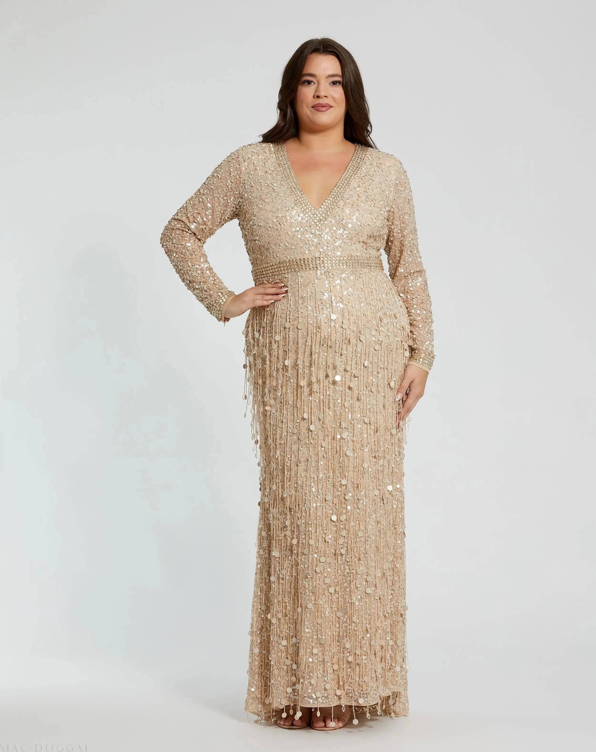 Beige Embellished Fringe Long Sleeve Gown (Plus)