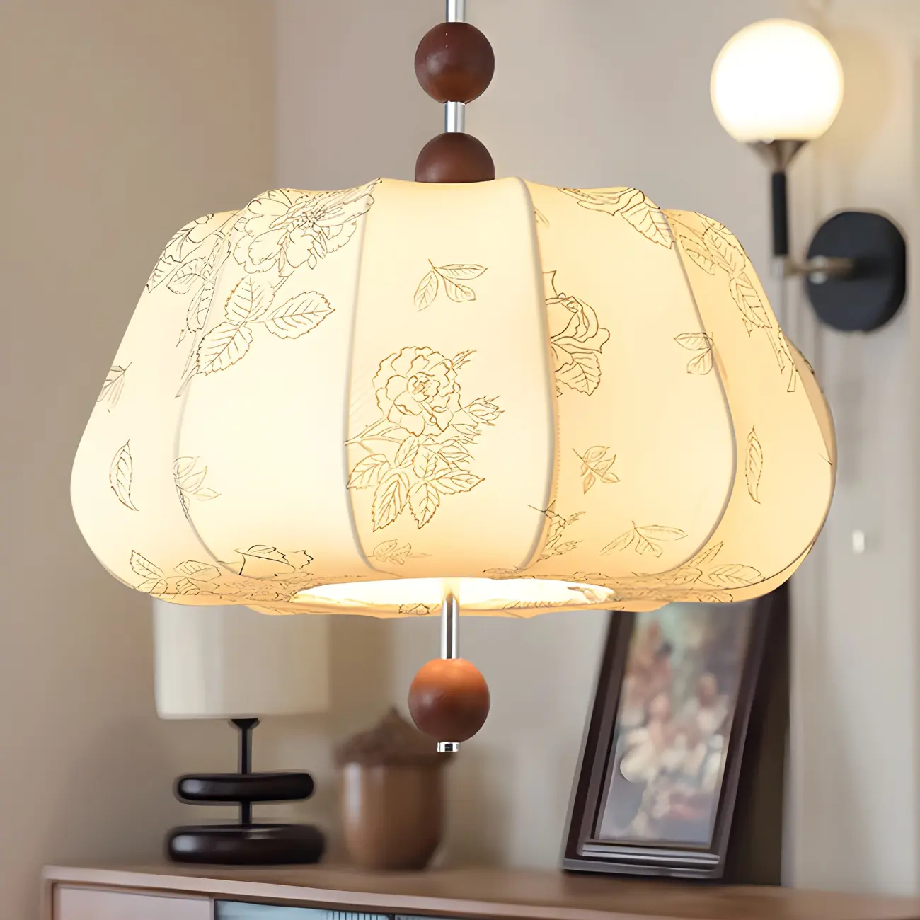 Elegant Flower Pattern Beige Fabric Geometric Chandelier