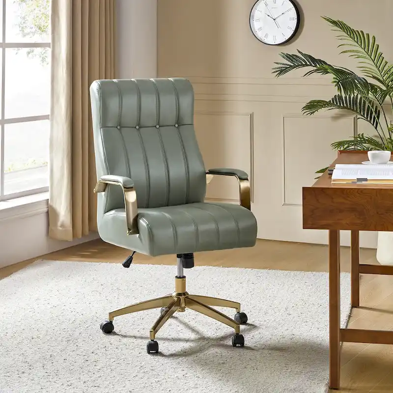 Curtiz Mid-Century Modern Vegan Leather Swivel Tilting Office Chair with Channel Tufted and Metal Feet by HULALA HOME