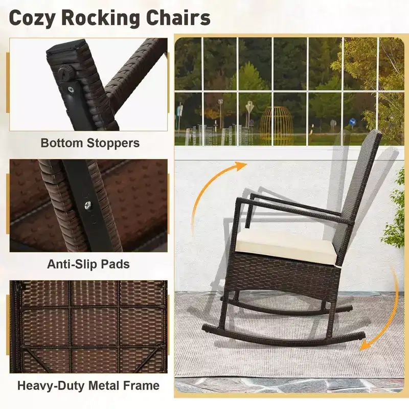 Costway 3 Piece Patio Rocking Set Wicker Rocking Chairs with 2-Tier Coffee Table Turquoise/Off White/Black