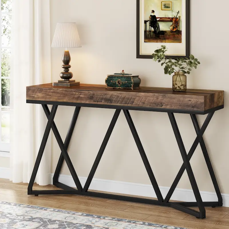 55 Inch Wood Console Table, Sofa Table Entryway Table with Unique Metal Legs