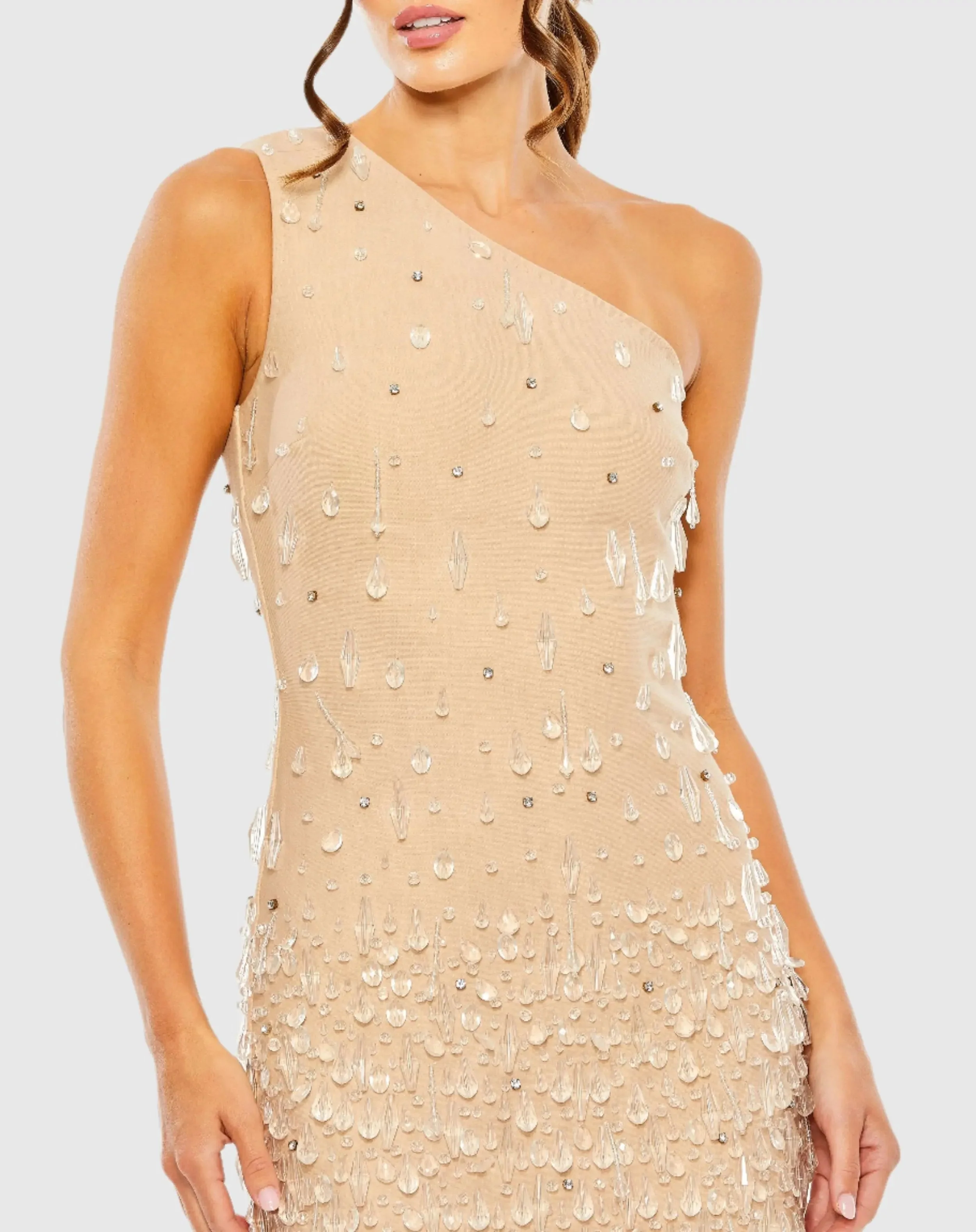 Beige One Shoulder Crystal Drop Dress - FINAL SALE