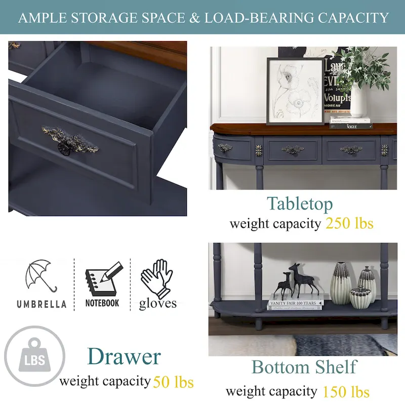 52 inch Circular Half Moon Sofa Table with Open Shelf and 2 Drawers