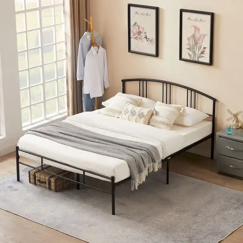 Modern Metal Bed Frames with Curved Headboard, No Box Spring Needed, Black