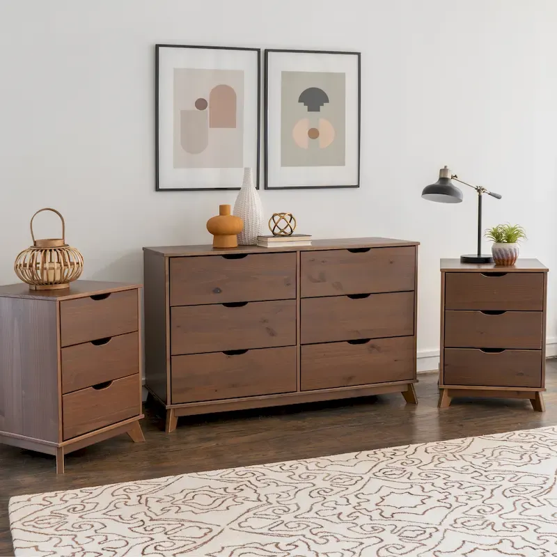 Purcell Pine Wood 3-Piece Bedroom Set with 6-Drawer Dresser and 3-Drawer Nightstands (Set of 2)