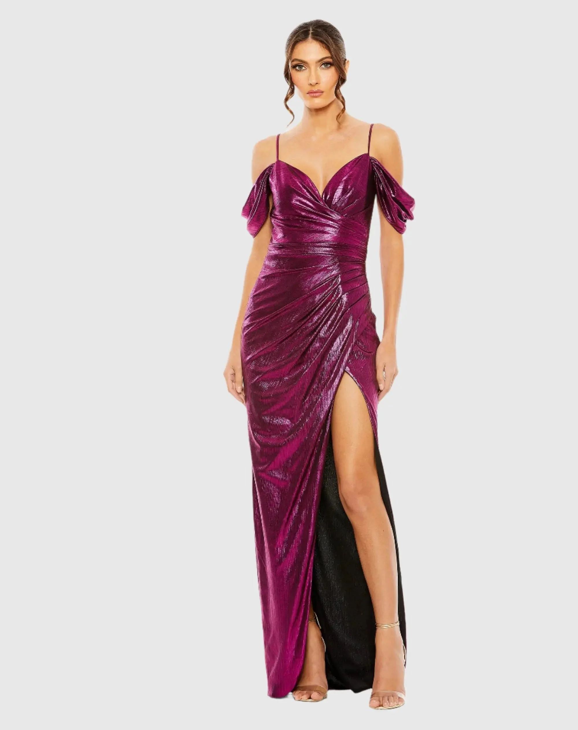 Purple Off The Shoulder Cap Sleeve Faux Wrap Gown