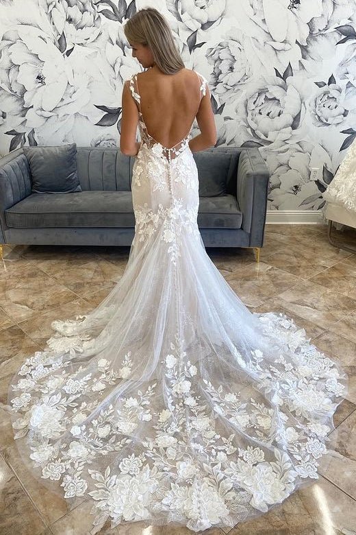 White Illusion Neck Appliques Mermaid Long Wedding Dress