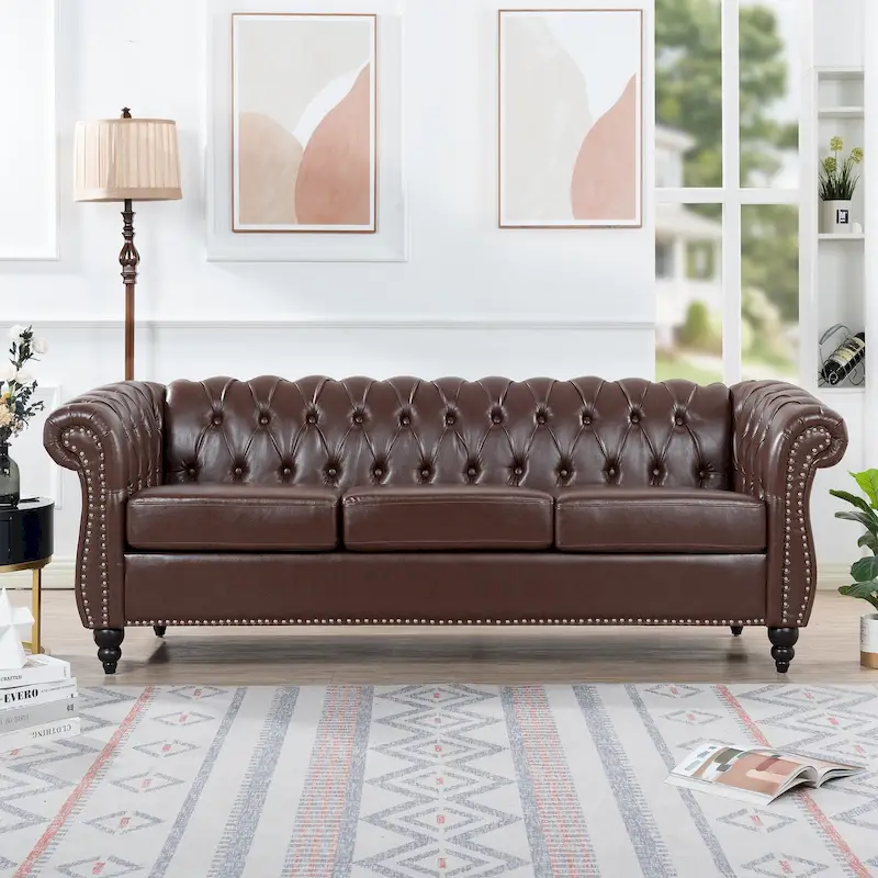 Chesterfield 3-Seater Sofa - Faux Leather Rolled Arm, Tufted Button Design, Easy Clean PU Upholstery