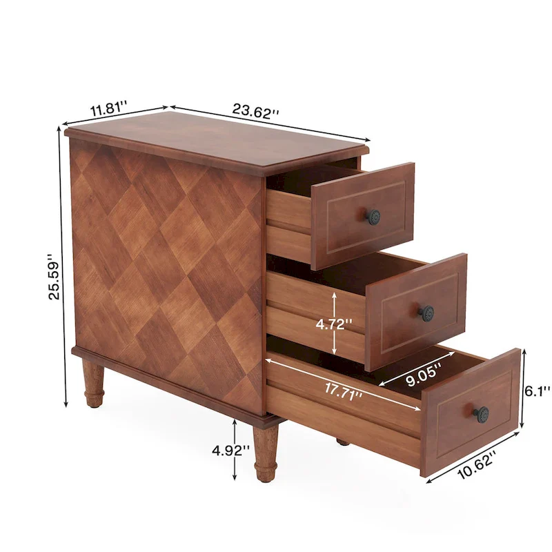 Solid Wood End Table with 3 Drawers, Fully Assembled Narrow Side Table