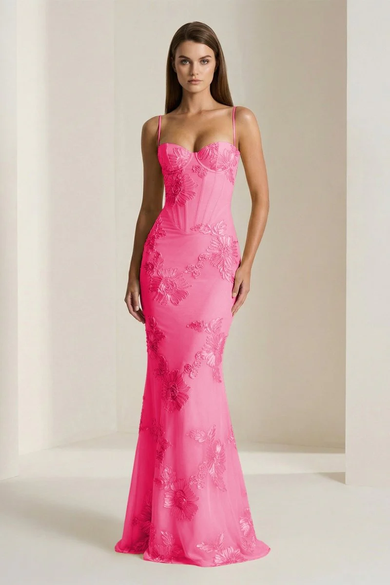 Yellow Spaghetti Straps Sheath Long Prom Dresses With Floral Embroidery