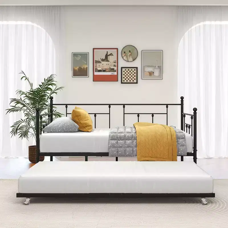 Black Victorian Twin Daybed with Trundle, Sofa Bed for Guest Room or Living Room