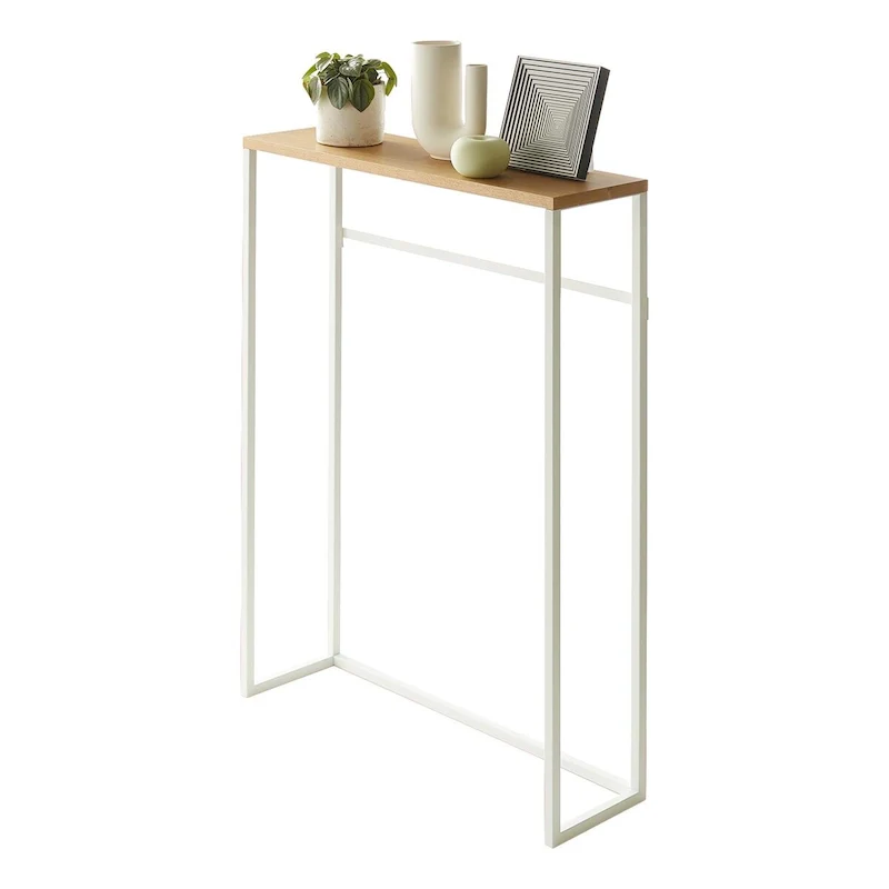 White / Black Steel and Wood Narrow Entryway Console Table with Hooks – 23.62 in