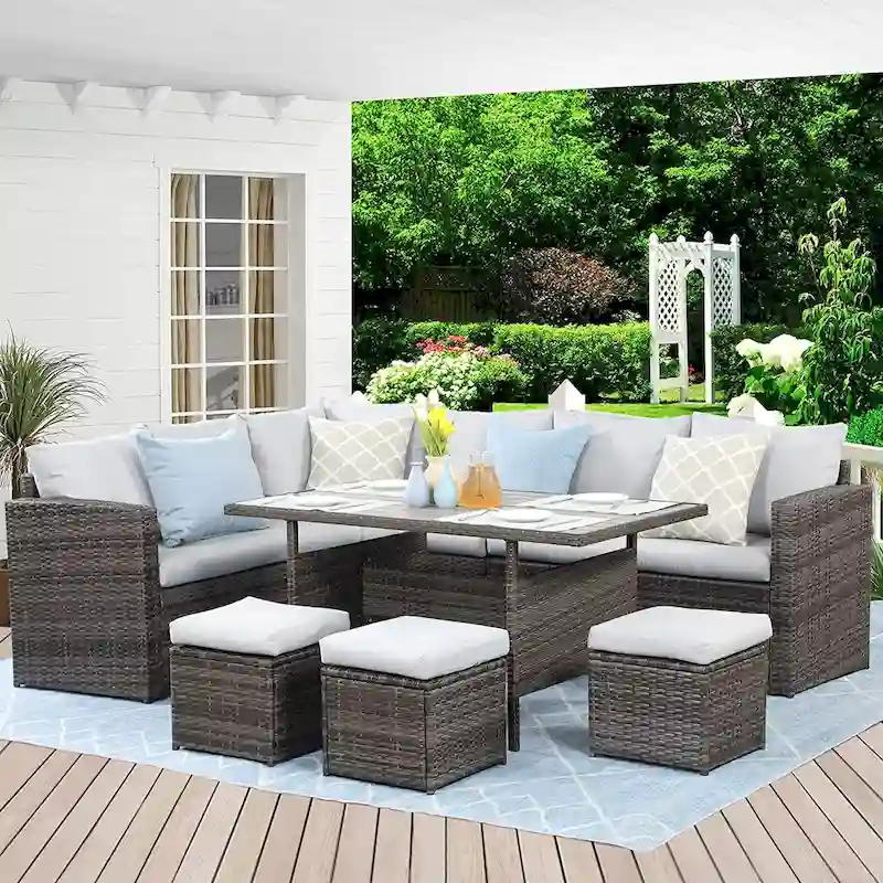 7-Pieces PE Rattan Wicker Patio Dining Sectional Cusions Sofa Set - 30