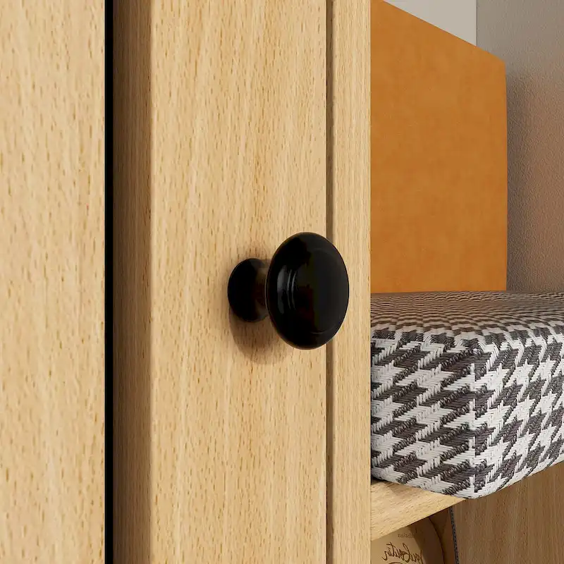 Natural Wood Finish Shoe Cabinet with Houndstooth Bench Seat & PU Backrest – 1-Seat