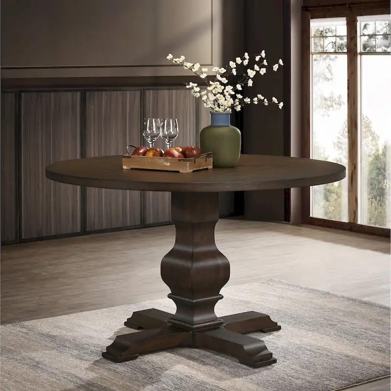 Round Dining Table with Pedestal Base – Espresso, Oak Veneer Top, Seats 4