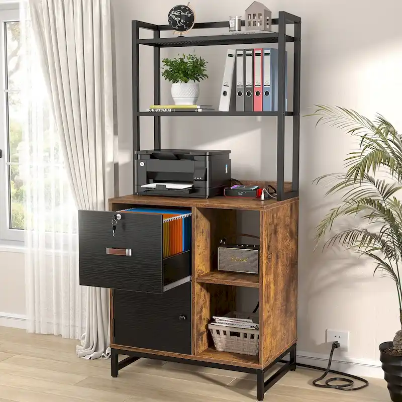 Home Office Filing Cabinet with Open Shelves, Lockable Drawer, and Charging Station