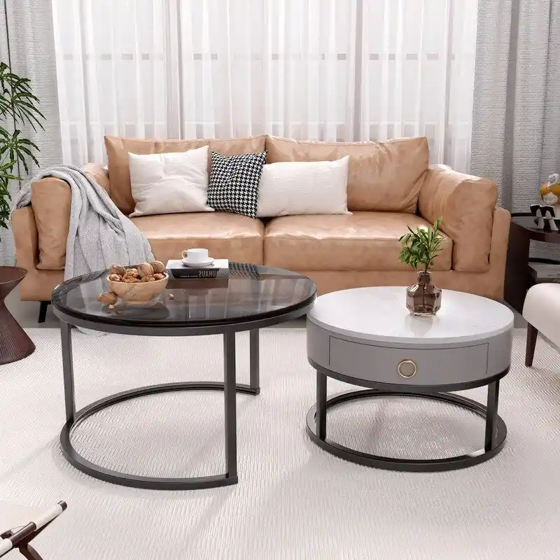 Modern Glass Waterproof Round Nesting Coffee Table with Drawer